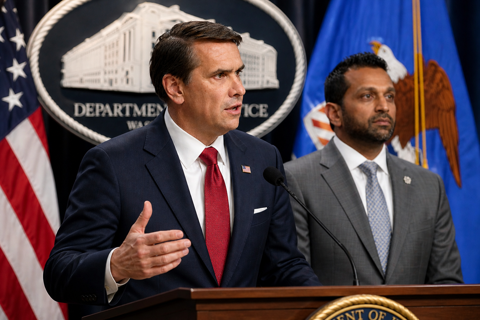 Two government officials stand at a podium during a formal press conference, with one speaking into a microphone while the other looks on, framed by U.S. flags and a Department of Justice emblem.
