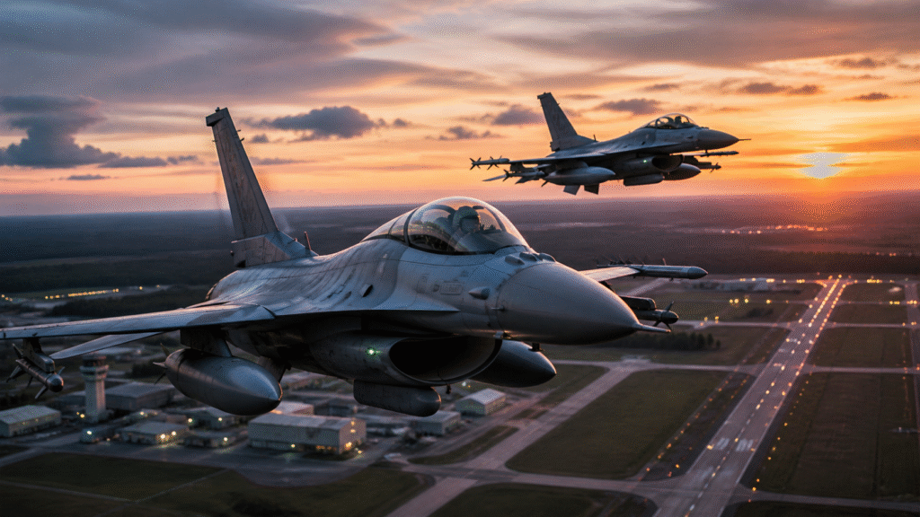 F-16 fighter jets flying in formation over an airbase at sunset, with runway lights, buildings, and a control tower visible below under a glowing sky