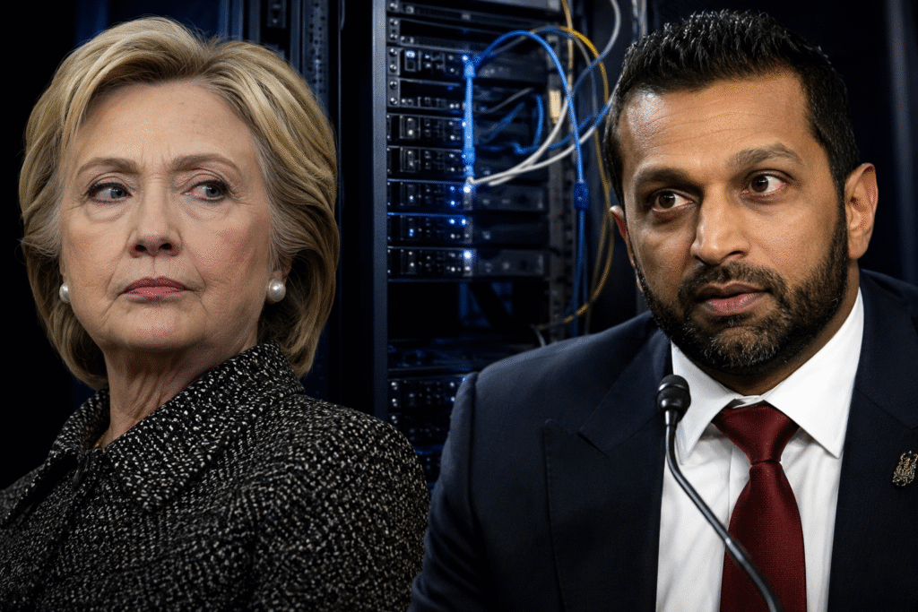 FBI Director Kash Patel seated in a television studio during an interview discussing allegations involving Hillary Clinton’s private email server.
