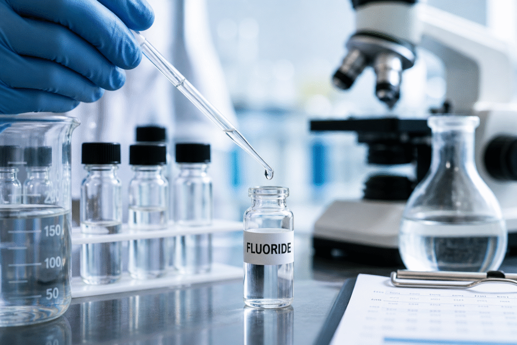 Laboratory scientist testing water samples with pipette and glass vials to analyze fluoride levels in a controlled environment.
