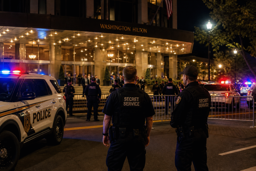 Law enforcement officers securing the exterior of a Washington event venue at night following a reported security breach involving an armed suspect.