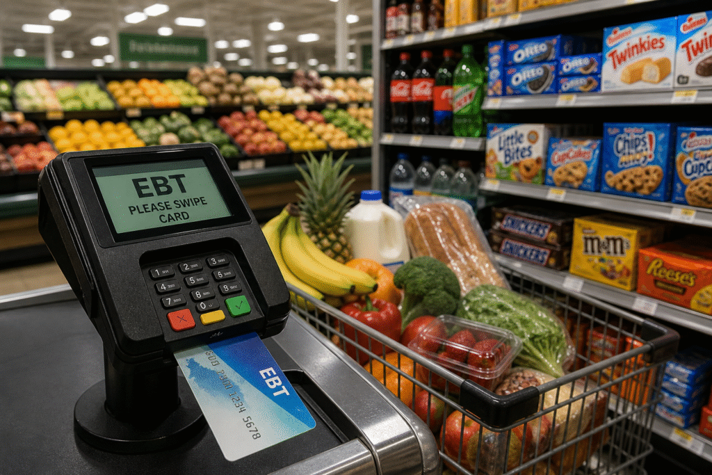 A grocery store checkout scene showing an EBT card payment terminal with a shopping cart containing fruits, vegetables, and packaged snacks in the background.