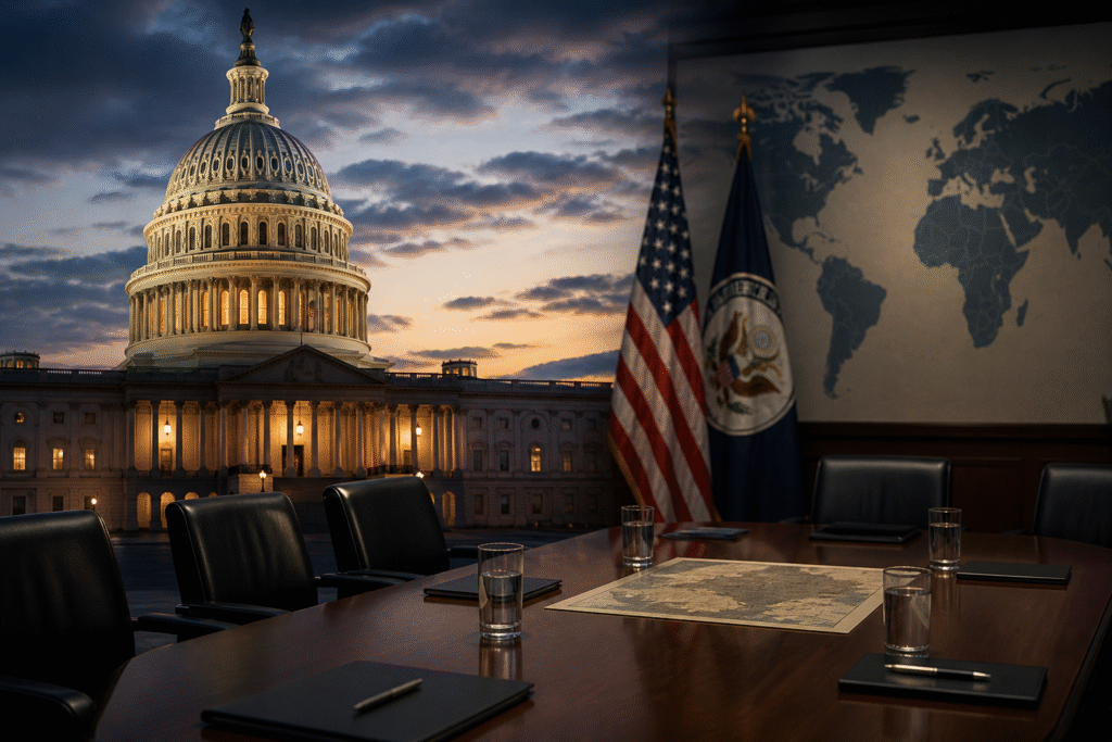 Symbolic view of US government buildings and a dimly lit policy meeting setting representing foreign policy leadership and political strategy discussions.