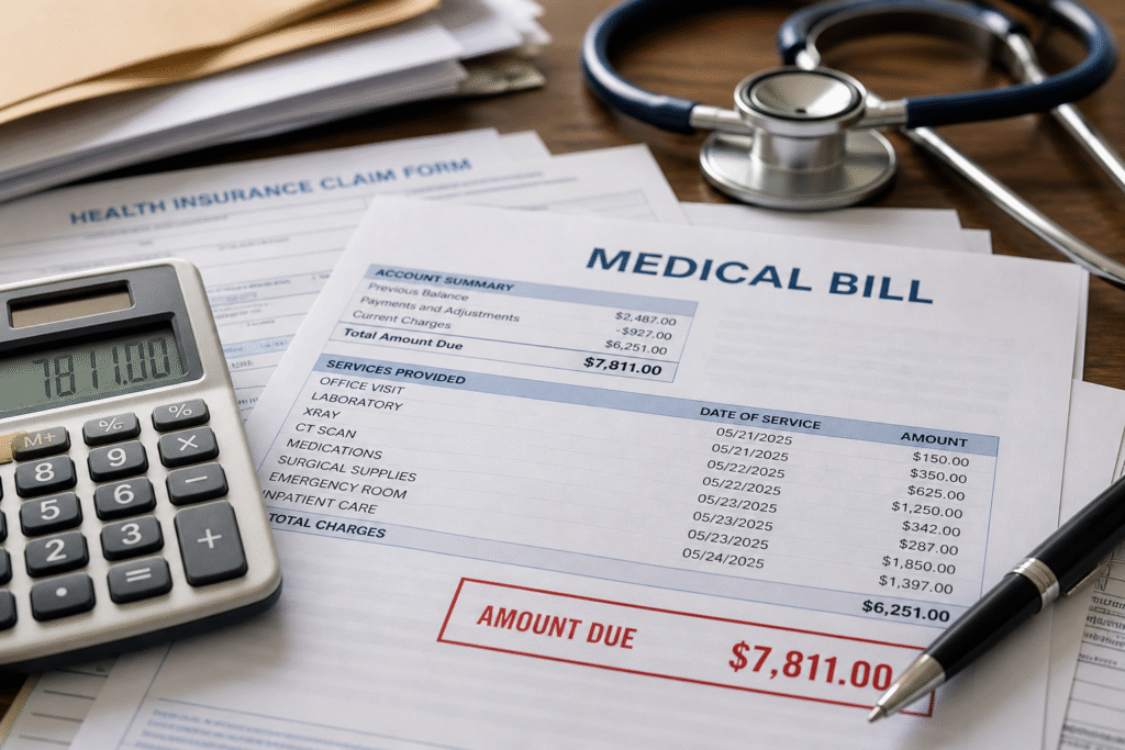 Close-up of medical billing paperwork and calculator on a desk, symbolizing rising healthcare costs and insurance-related financial strain.