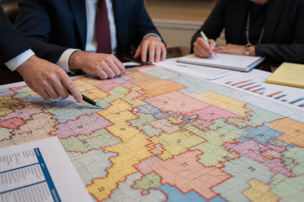 Close-up of a detailed United States electoral district map with highlighted boundary lines and officials reviewing redistricting plans.