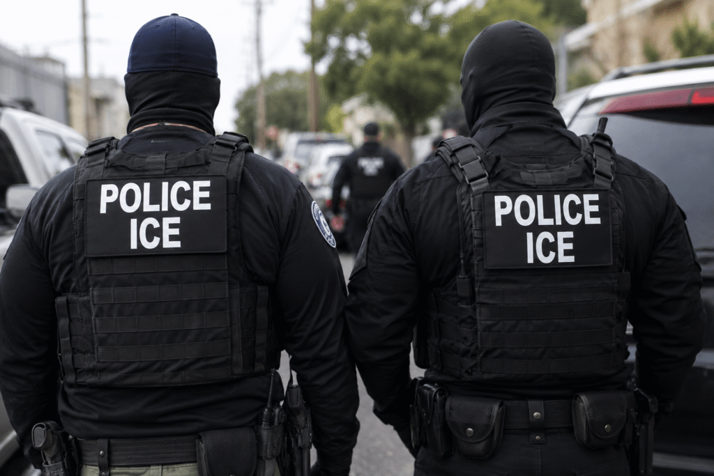 ICE officers in tactical gear standing beside vehicles during an immigration enforcement operation in an urban neighborhood.