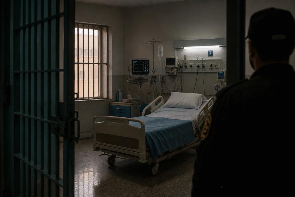 Dimly lit hospital room with medical equipment and a guarded entrance, symbolizing a detained patient requiring urgent care.