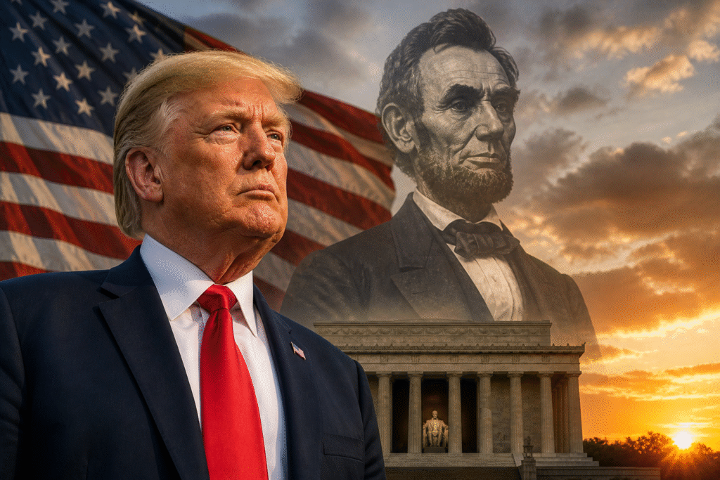 Composite image of Donald Trump with Abraham Lincoln and the Lincoln Memorial at sunset, symbolizing historical comparison and political division in America.