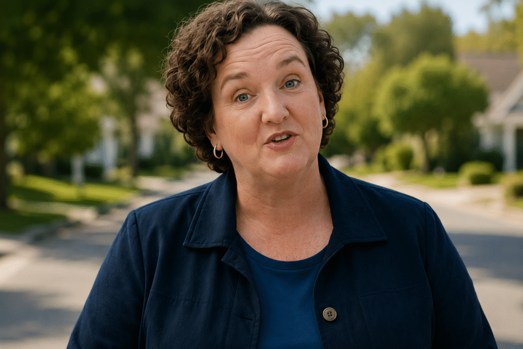 A close-up of Katie Porter standing outdoors in a suburban neighborhood, wearing a dark jacket and blue top while speaking directly toward the camera.