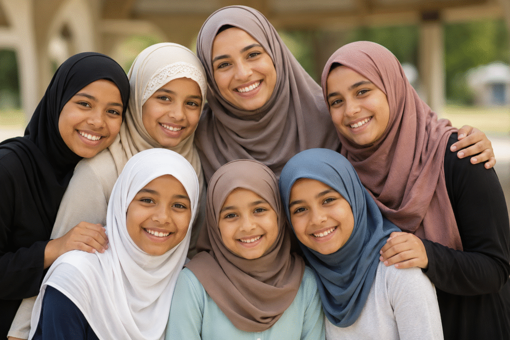 Group portrait of smiling Muslim women and girls wearing colorful hijabs and modest clothing outdoors in a warm community setting.
