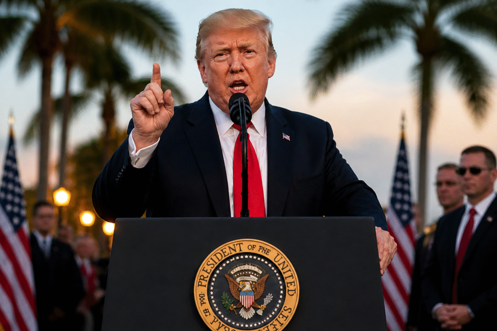 A man speaking at a podium outdoors, gesturing with his finger raised, with American flags and security personnel visible in the background.
