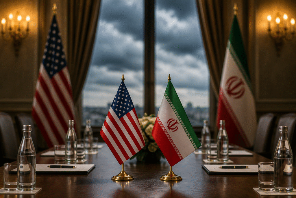 A tense diplomatic setting showing a negotiation table with US and Iranian flags in the background, symbolizing stalled peace talks and rising geopolitical tension.
