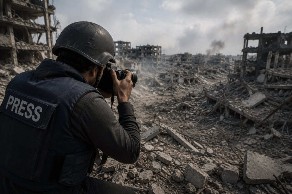 A photojournalist wearing protective gear photographs extensive urban destruction and rubble in a heavily damaged war zone with collapsed buildings in the background.