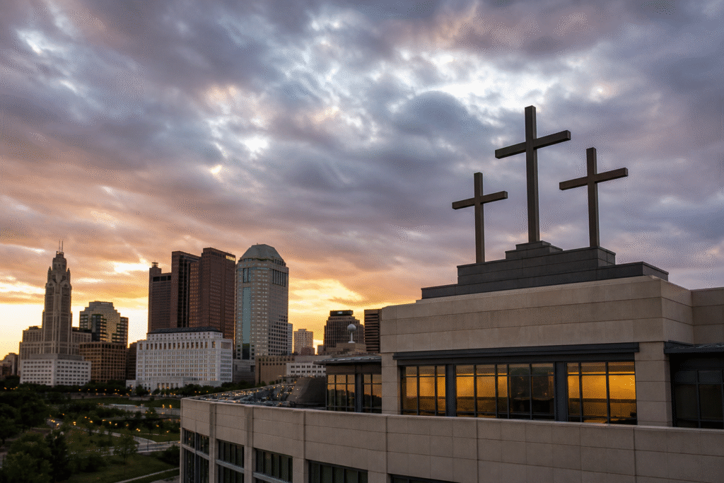 Modern city building rooftop with a symbolic cross silhouette against a cloudy sky, representing a dispute over religious display in an urban setting.