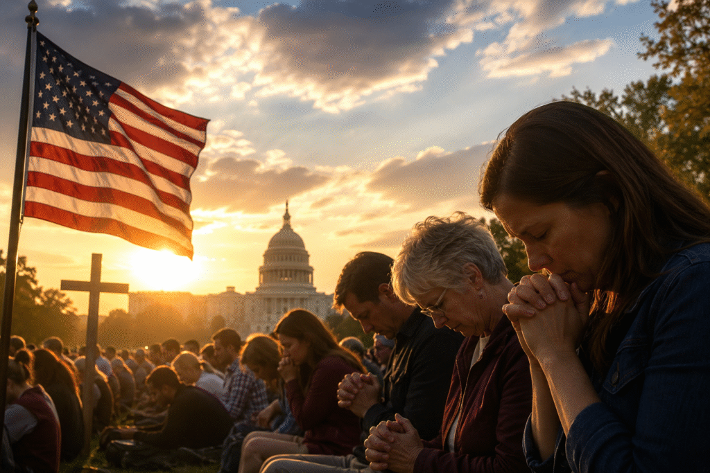 Americans gathered in prayer during a patriotic National Day of Prayer event featuring symbolic religious imagery and U.S. flags in a realistic editorial-style setting.