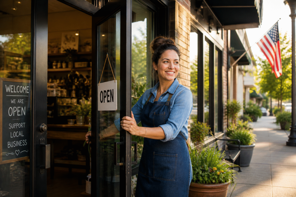 Small business owner opening a neighborhood storefront in the early morning, symbolizing entrepreneurship and economic growth.