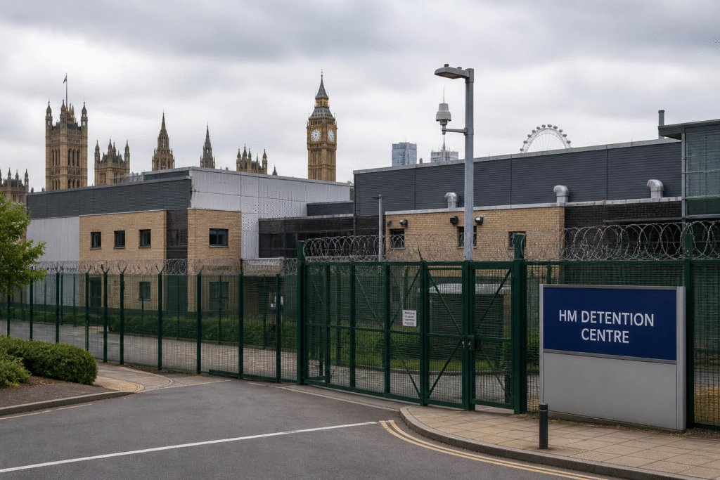 Exterior view of a secure detention facility in the United Kingdom with fencing and government-style buildings in the background under neutral lighting conditions.