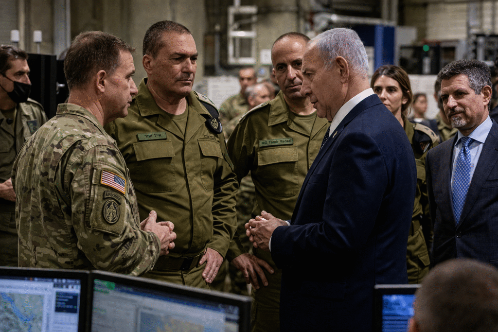 Senior US and Israeli officials meeting inside a military coordination center discussing Gaza ceasefire operations.