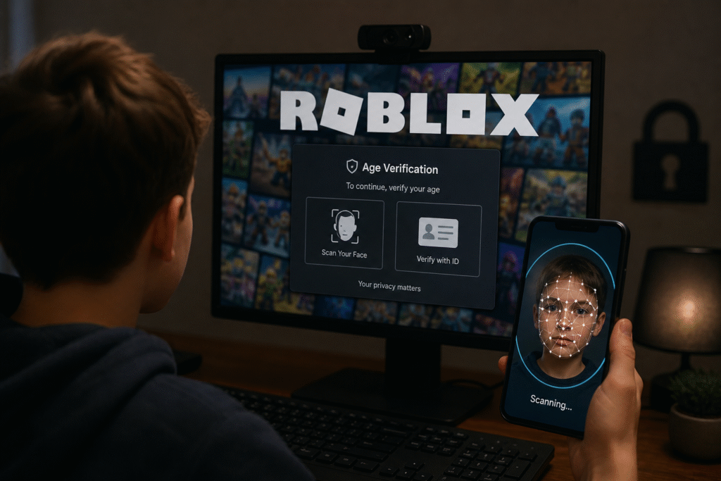 Teenager using a computer and smartphone to complete facial age verification for an online gaming platform in a dimly lit room