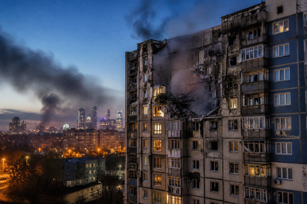 Urban high-rise building with visible damage and smoke after a drone strike, representing ongoing conflict tensions during competing ceasefire announcements.