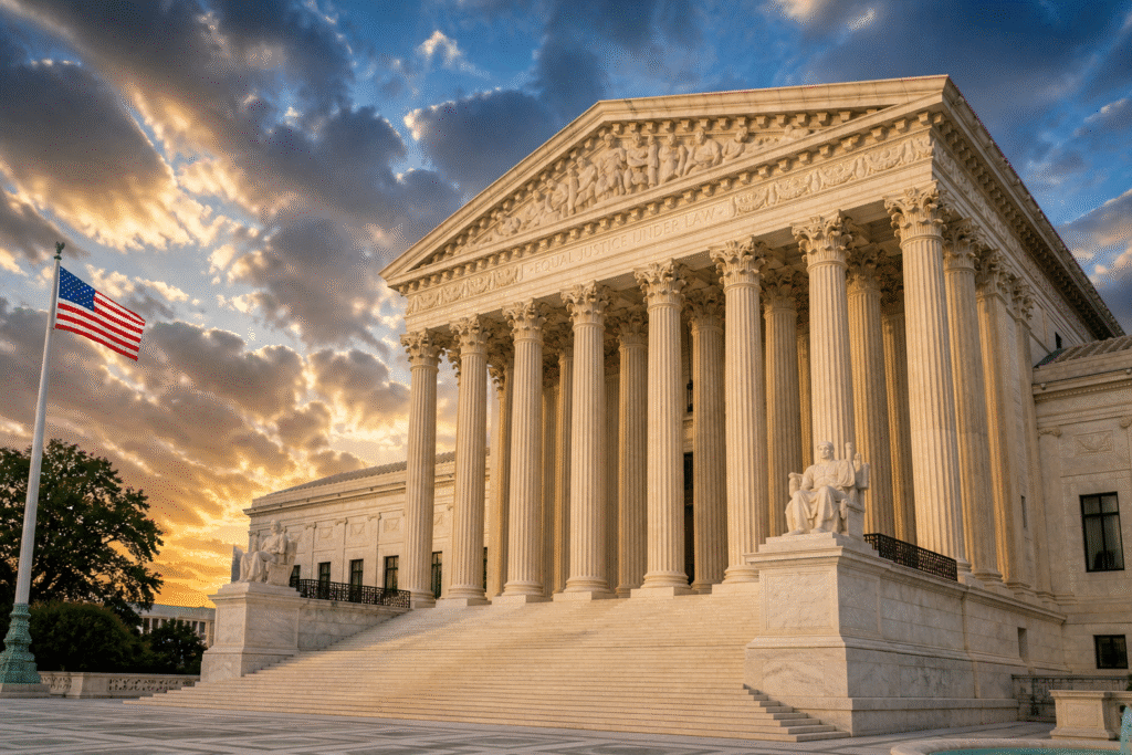 U.S. Supreme Court building with American flag under a dramatic sky symbolizing constitutional debate