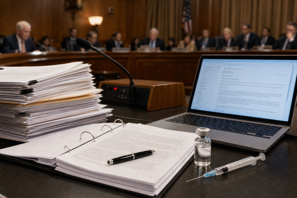 Government hearing table with documents, laptop showing emails, and medical vial and syringe representing vaccine safety investigation.