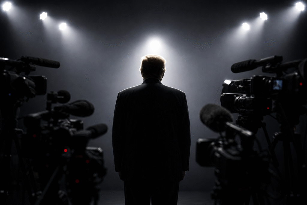 A silhouetted figure standing under bright lights in a dark room, symbolizing media scrutiny and political pressure.