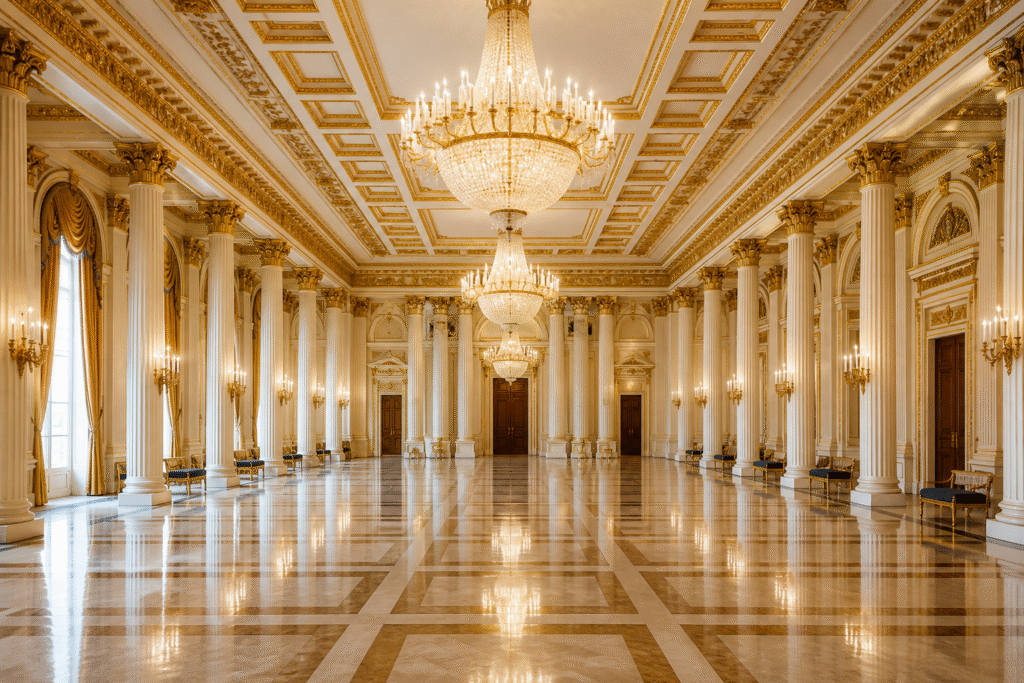 A large, elegant ballroom with chandeliers and polished floors, symbolizing a proposed government venue project.