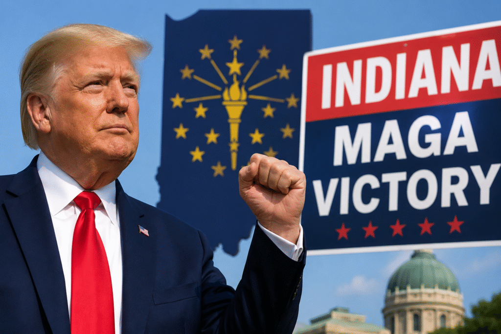 Donald Trump raising his fist beside Indiana-themed campaign imagery following Republican primary victories tied to redistricting disputes.