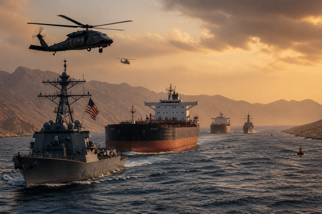 Naval vessels and helicopters escort commercial ships through the Strait of Hormuz during heightened military tensions and attacks on maritime traffic.