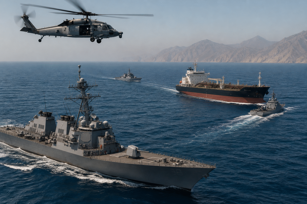 Naval ships and military helicopters securing commercial vessels in open waters during a defense operation in the Strait of Hormuz.