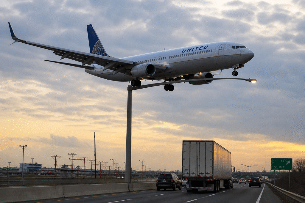 Commercial passenger airplane flying unusually low over a highway near airport infrastructure during landing approach.