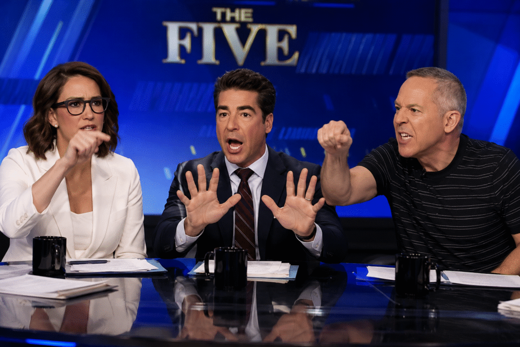 Three television panelists engage in a heated political debate during a live talk show, with animated gestures and intense expressions inside a blue-lit studio set.