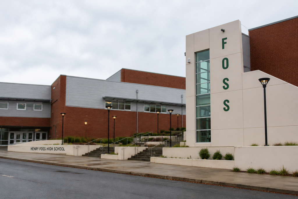 Henry Foss High School exterior in Tacoma, Washington with brick buildings, vertical FOSS signage, and entrance walkway under overcast sky