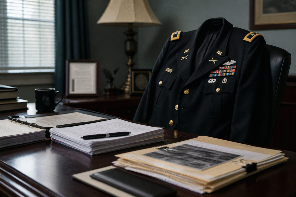 Military uniform jacket beside documents on a desk representing scrutiny of a service record