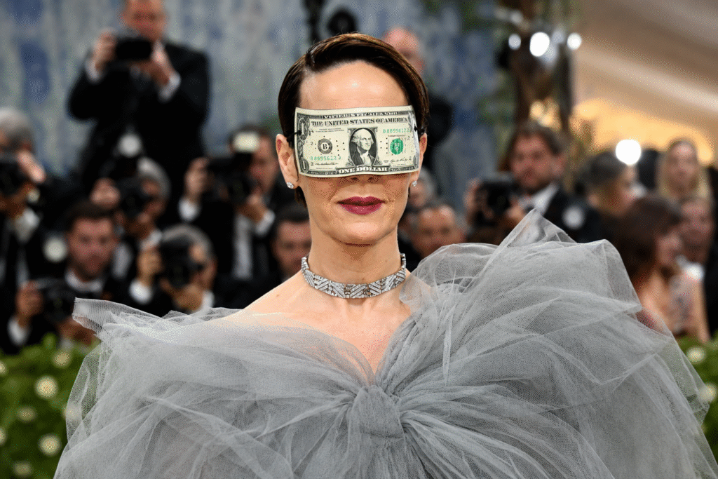 Woman wearing a dramatic silver tulle gown and a dollar bill blindfold posing at a glamorous gala event with photographers blurred in the background.