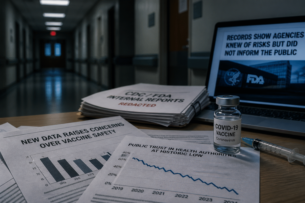 Dimly lit hospital corridor with clinical documents and a vaccine vial symbolizing declining trust in public health systems.
