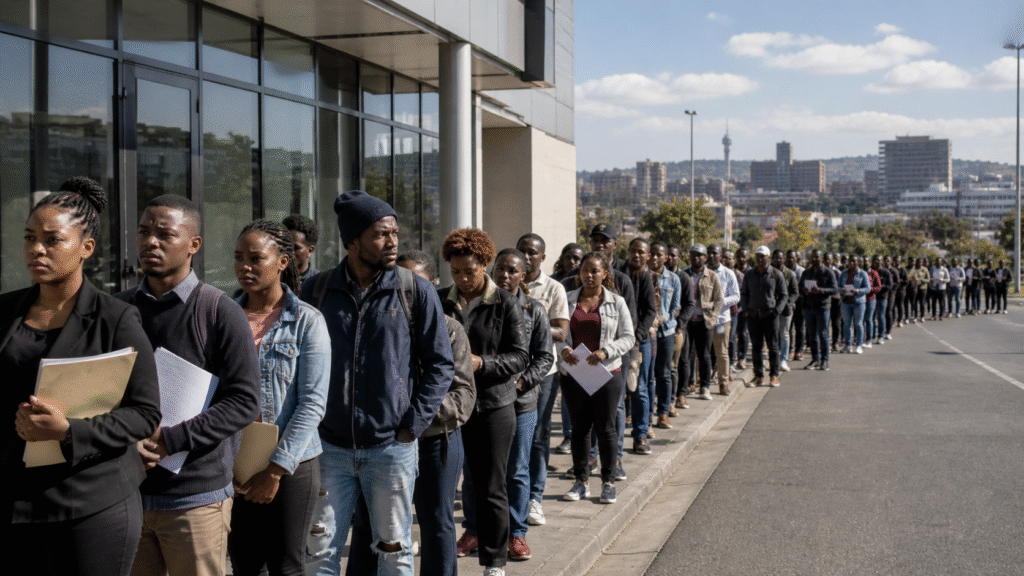 Long line of job seekers standing outside a modern office building, holding documents as they wait to apply for employment opportunities.
