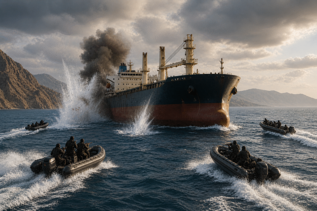 Cargo ship under attack by multiple small boats in a narrow waterway, with explosions and smoke as armed vessels approach from all sides