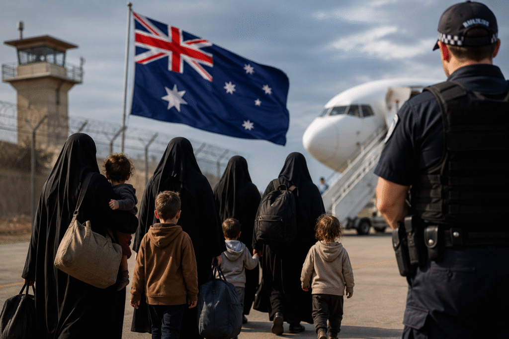 Women in dark clothing and children walking toward an airplane under police supervision near an Australian flag and secured detention-style fencing, symbolizing the repatriation of ISIS-linked families from Syria.