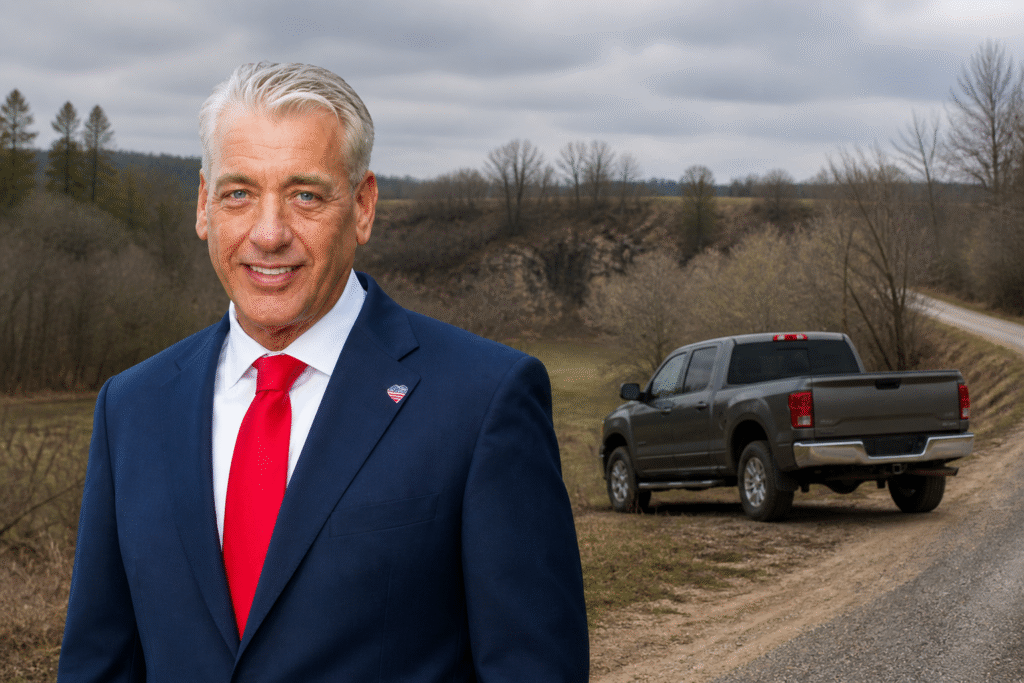 Portrait of a suited man with gray hair and red tie in the foreground, with a pickup truck parked on a rural dirt road under an overcast sky in the background