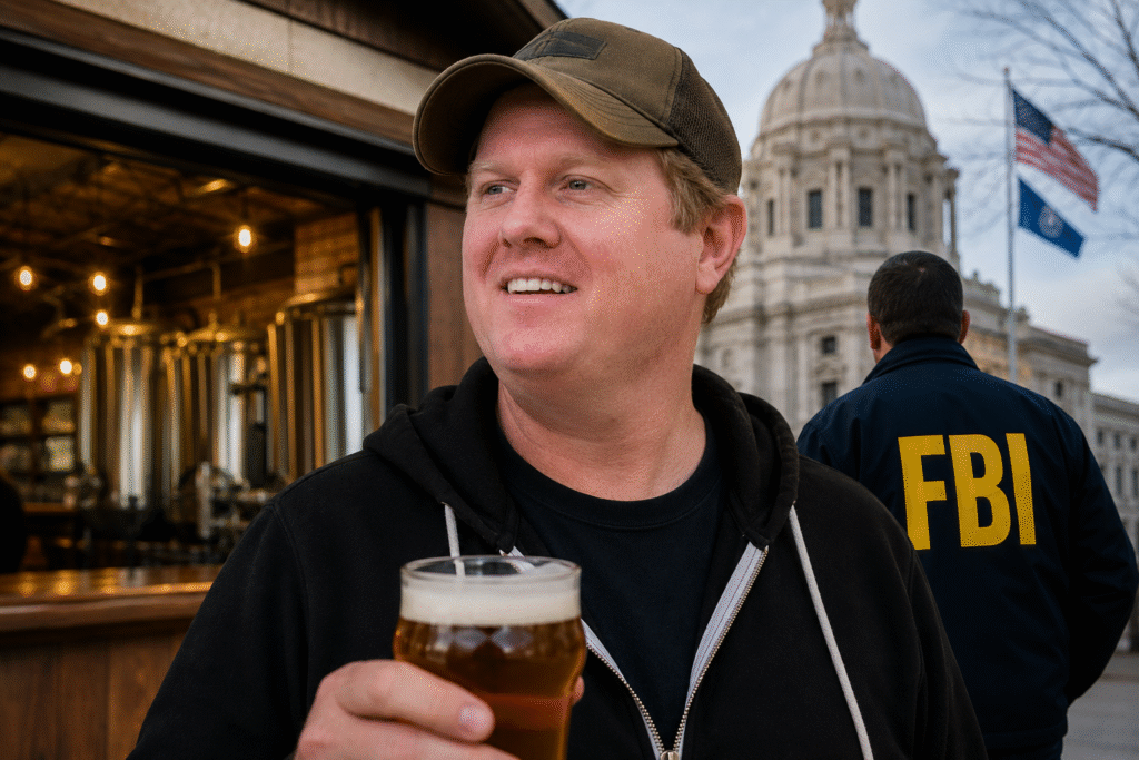 Kirk Bangstad holding a glass of beer outside a brewery while an FBI agent stands nearby in front of a government building during a political controversy investigation.