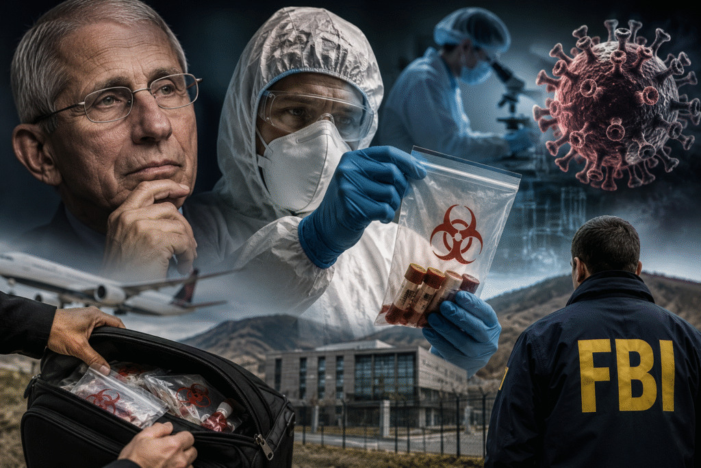 Composite news-style image showing hazmat-suited researchers handling pathogen samples, an FBI agent, laboratory scenes, biohazard containers, and a figure resembling Anthony Fauci amid a federal investigation and biosafety controversy theme.