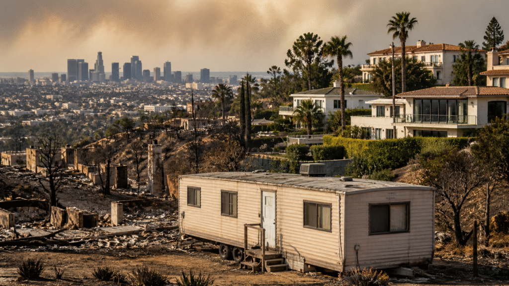 Burned residential area with a small trailer in the foreground and intact upscale hillside homes overlooking a distant Los Angeles skyline.