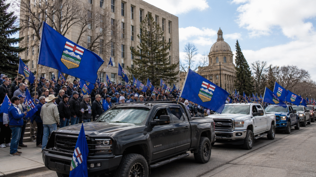 Crowd of people waving Alberta flags gathered outside a government building with a line of pickup trucks parked in front during a political rally.