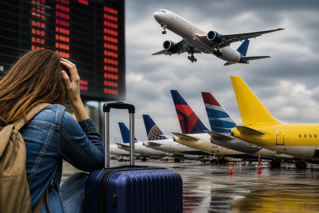 Traveler sitting with suitcase at an airport looking stressed as planes line the runway and a departure board shows multiple flight cancellations under a cloudy sky