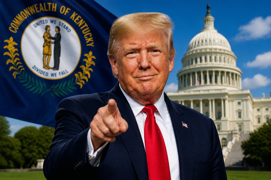 President Donald Trump pointing forward in front of the U.S. Capitol with the Kentucky state flag in the background