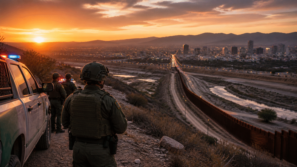 Border patrol agents overlooking a long border wall at sunset, with patrol vehicles and a city skyline visible in the distance