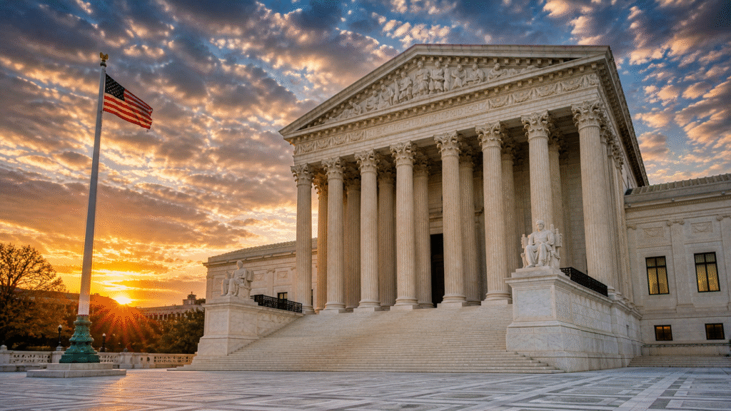United States Supreme Court building at sunrise with American flag in front, dramatic sky and marble columns, no people visible
