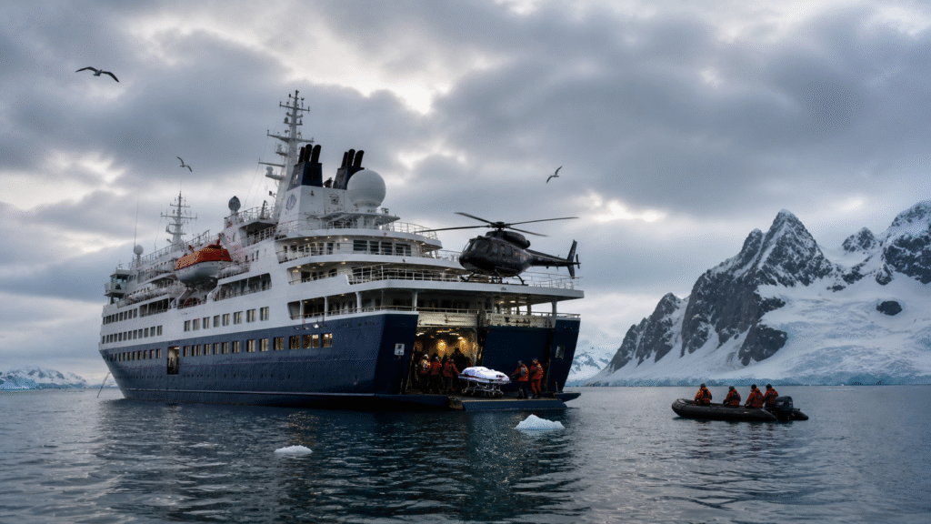 Expedition cruise ship in icy waters with medical crew transferring a patient on a stretcher to a small rescue boat under overcast skies near snow-covered mountains